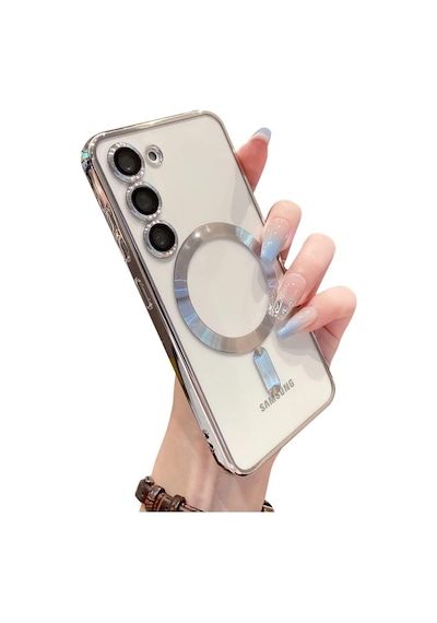 Samsung Galaxy S25 İçin Magsafe İle Uyumlu Kılıf Kamera Lensli Korumalı Şeffaf Silikon Kapak Gümüş