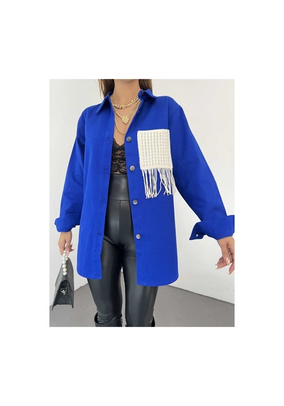 Unika Boutique Gabardin Püskül Detaylı Ceket Saks Mavi