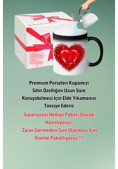 Kırmızı Kalp Baskılı Sihirli Kupa Bardak Çay Kahve Fincanı Beyaz