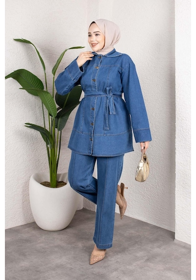 Misskayle Kuşaklı Düğmeli Denim Takım Rahat Kesim İkili Kombin Açık Mavi Açık