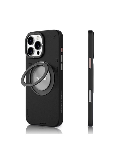 Apple Uyumlu iPhone 16 Pro Kılıf Magsafe Özellikli 360 Standlı Deri Desenli Youngkit Tech Leather Serisi Siyah