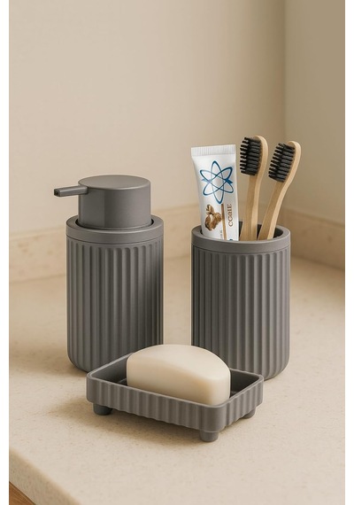 Sas Haus Banyo Takımı Diş Fırçalık Sıvı Sabunluk Katı Sabunluk 3'lü Set Gri Çok Renkli