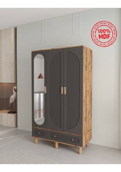 %100 MDF Soho 3 Kapaklı Çekmeceli Modüler Gardırop - Antrasit