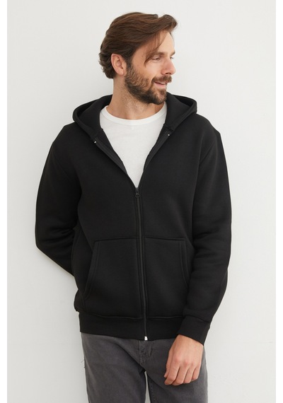 Fullamoda 3 İplik Fermuarlı Kanguru Cepli Sweatshirt Siyah