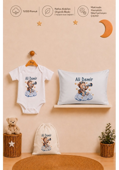 Pia Baby İsme Özel Erkek Bebek Hediyesi %100 Pamuk Organik Baskılı Body Yastık Kılıfı Ve Ham Bez Kıyafet Kesesi 1007bykyx Ekru