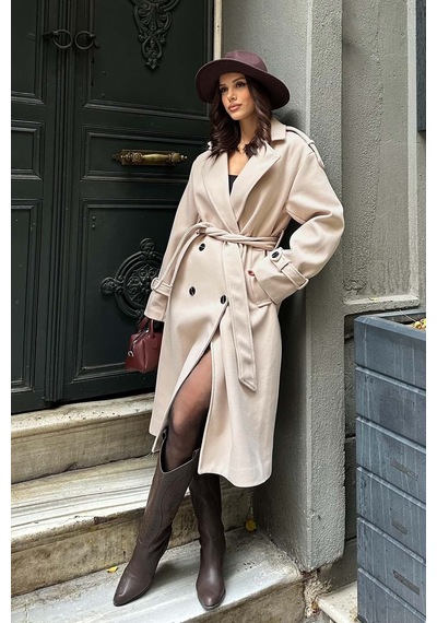 My Loore Kadın Bej Oversize Kuşaklı Astarlı Premium Kaşe Kaban Geniş Kalıp Lüks Kışlık Model Mlb077