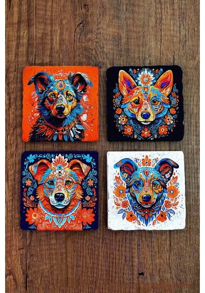 Doğal Taş Bardak Altlığı 4'lü Set 10x10x1 Cm Renkli Köpekler -stone Coasters Çok Renkli
