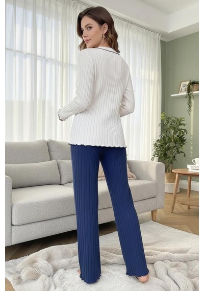 Bella Notte Kalp Detaylı Nakışlı Bej - Lacivert Uzun Kollu Pijama Takımı