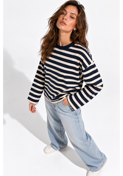 Wild Bee Kadın Lacivert Ekru Çizgili Pamuklu Bisiklet Yaka Oversize Bluz