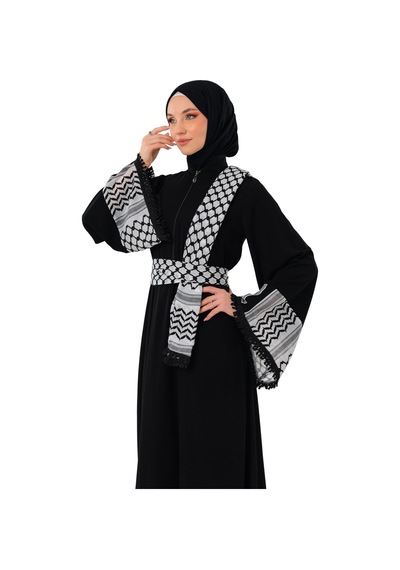 Zaytoon Fermuarlı Filistin Kefiye Desenli Geniş Püsküllü Kolları Dik Yakalı Siyah Filistin Elbise C100049 Siyah Zaytoon Fermuarlı Filistin Kefiye Desenli Geniş Püsküllü Kolları Dik Yakalı Siyah Filistin Elbise C100049 Siyah