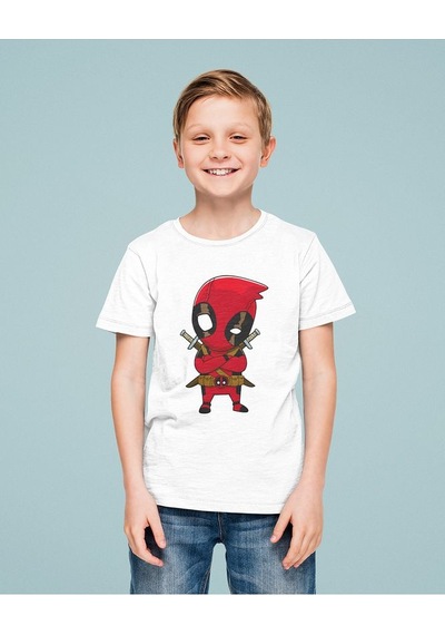 Sevbano Deadpool Baskılı Unisex Çizgi Film Çocuk Tişört 1-12 Yaş Beyaz