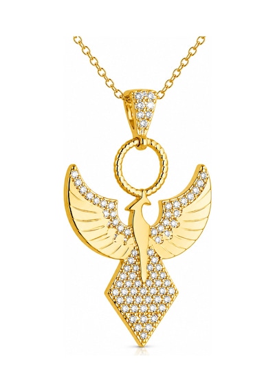 Premium Parlak Ve Şık Gold Renk Zirkon Taşlı Anka Kuşu Kadın 925 Ayar Gümüş Kolye 45 Cm