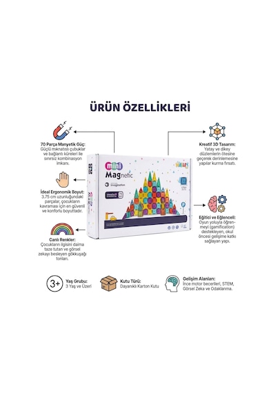 Magnet Mini Yapı Blok Seti 70 Parça - 3.75 Cm Eğitici Manyetik Bloklar