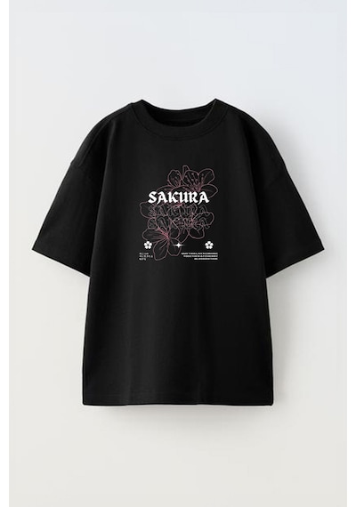 Thewert Unisex Sakura Çiçek Tasarım Baskılı Pamuk Sıyah Oversize T-shirt Siyah
