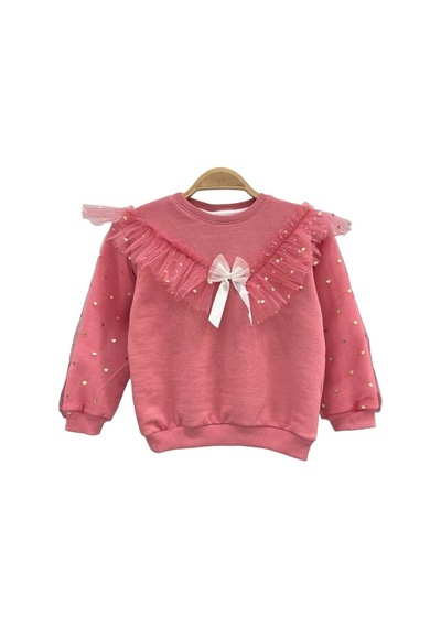 Kız Çocuk Fiyonk Kurdela Detay Organze Tül Kol Mini Kalpler Detaylı Sweatshirt 3 İplik Pudra Pembe Renk Pudra