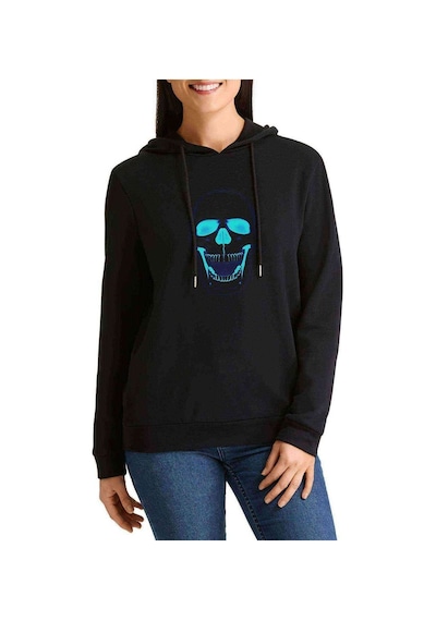 Blue Skull Baskılı Siyah Kadın Kapşonlu Sweashirt