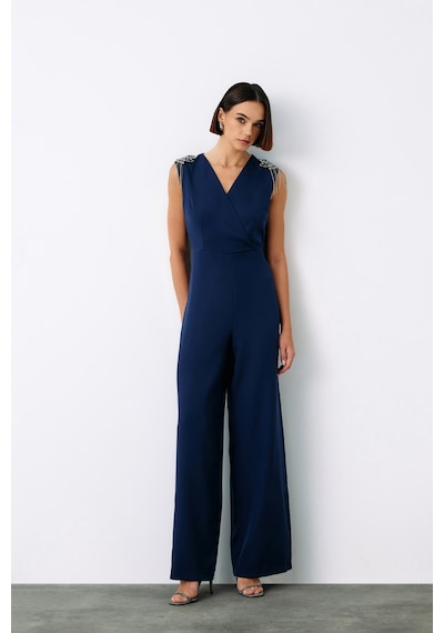 Sateen Aksesuar Detaylı Tulum - Lacivert-135222 Lacivert