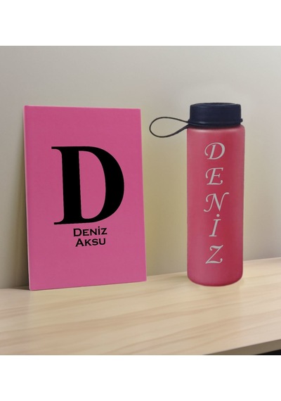 Bk Gift Kişiye Özel İsimli Pembe Defter Ve Fuşya Cam Matara Hediye Seti-5, Sevgiliye Hediye, Arkadaşa Hediye, Yeni İş Hediyesi