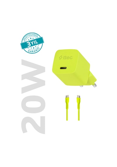 Smartcharger Gan 20w Pd Seyahat Hızlı Şarj Aleti + Usb-c - Usb-c 3a Kablo Neon Neon Sarı