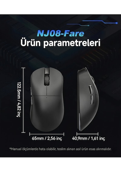 Nj08 Mc Kablosuz 3 Modlu Rgb Oyuncu Mouse 24.000 Dpı Paw 3311 Sensör Diğer
