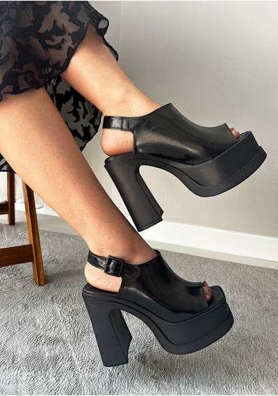 Asmi Shoes Kadın Veronica Siyah Rugan 12 Cm Önü Ve Arkası Açık Platform Topuklu Ayakkabı