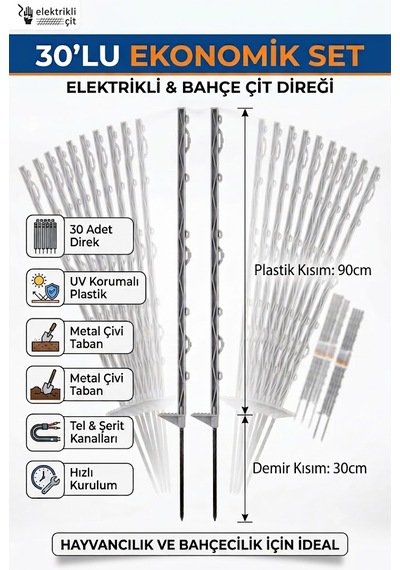 30 Adet 120cm Elektrikli Çit Plastik Direği Kendinden İzolatörlü Ayak Basmalı Çit Kazığı