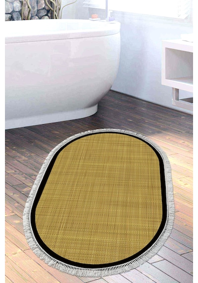 Kaymaz Taban Djt Banyo Mutfak Salon Halı Trend Saçaklı Oval Dokuma Desen E5007 Altın Sarısı