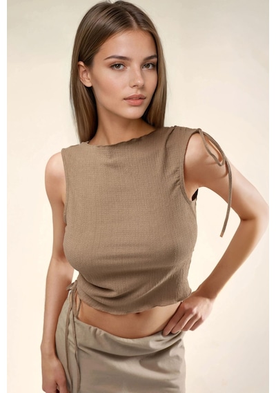 Hiccup Drapeli Detaylı Dokulu Kayık Yaka Crop Top Deve Kahvesi