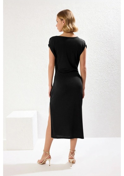 Benerly Kadın Kruvaze Yaka Kolsuz Midi Bodycon Örme Elbise Büzgü Detaylı Siyah