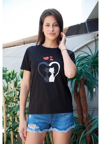 Jument Baskılı Sıfır Yaka Kırışmaz Span Karışımlı Şık Kısa Kol T-shirt Bluz- Siyah Kedi Kalp Desenli Kedi Kalp