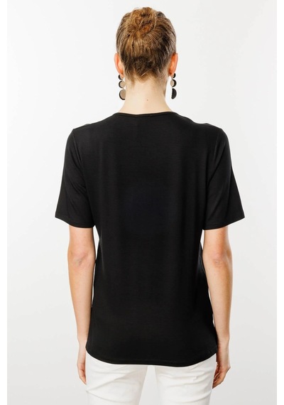 Desen Triko Kadın Açma Yaka Nakış İşlemeli Penye T-shirt 25700 Siyah Siyah