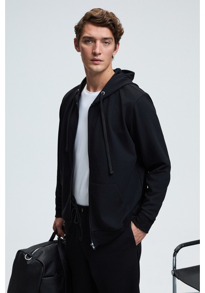 Grimelange GAGE Erkek Kapüşonlu Metal Kuş Gözü Detaylı Fermuarlı Kordonlu Cepli Siyah Sweatshirt