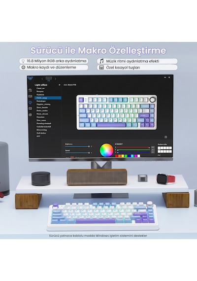 Aula F75 Mekanik Rgb Tkl Star Vector Switch Kablosuz Makrolu Hot Swap Klavye Mor