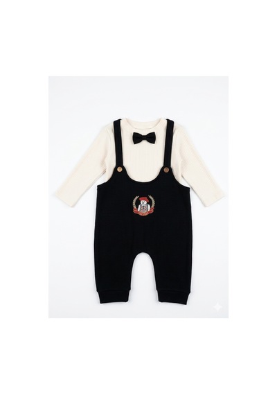 Gülerçocuk Erkek Bebek Papyonlu Siyah Salopet Takım - Cool Bear Nakışlı Pamuklu 2'li Set Lacivert