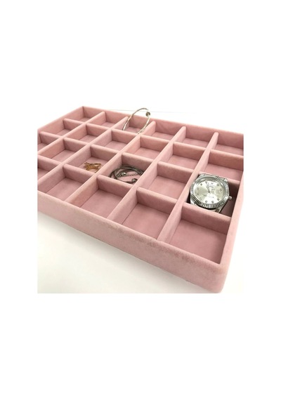 Yerli Üretim Süet Kumaş Pembe Renk 34 Cm / 24 Cm 24 Bölmeli Çekmece Içi Takı Standı Çok Renkli