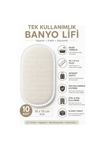 10 Adet Tek Kullanımlık Banyo Lifi 10x15 Cm Hijyenik El Geçirmeli Duş, Spa, Otel Ve Seyahat Lifi