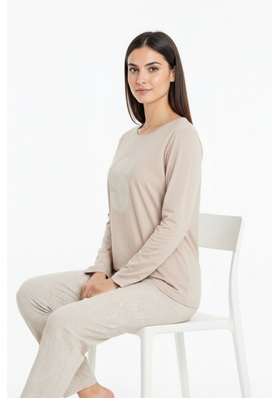Üstü Yazılı Altı Yuvarlak Desenli Elite Viscose Uzun Pijama Takımı Krem 3560 Bej
