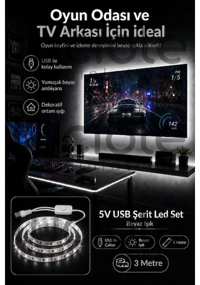 3 Metre Beyaz Usb Şerit Led 5v Aç Kapa Anahtarlı Mutfak Tv Masa Raf Powerbank Kamp Led Işık