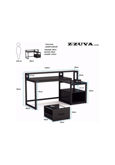 Zizuva Zizuva Tasarım Ev Ofis Raflı Metal Çekmeceli Çalışma Masası