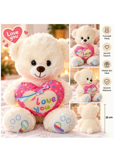 35 Cm Sevimli Kalpli Ayıcık Peluş Oyuncak Love You Tasarımlı Yumuşak Teddy Ayı Sevgiliye Hediye Beyaz