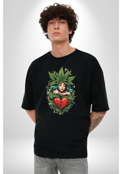 Kalp Parmak Kız Yeşillik Mutluluk Pamuklu Bisiklet Yaka Unisex Oversize Boyfriend Dijital Baskılı Siyah T-shirt Siyah