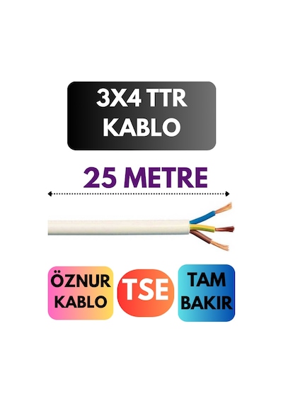 Öznur 3x4 Ttr Kablo Metre Seçenekli Beyaz - 25mt