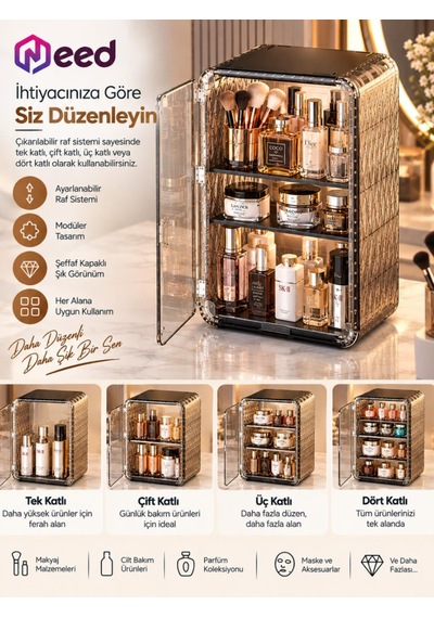 Need Dolap Tasarımlı Şeffaf Kapaklı Makyaj Organizeri Gold Transparan - Nd-8095-tpb