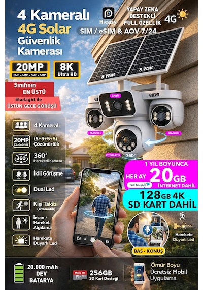 20mp 4 Kamera 360 İzleme Güneş Enerjili 4g Sim Kartlı Güvenlik Kamerası 128gb Sd Kart Ve 20gb İnternet
