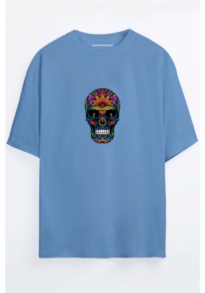 Renkli Kurukafa Baskılı Unisex Siyah - Beyaz - Turuncu - Bej Oversize T-shirt Mavi