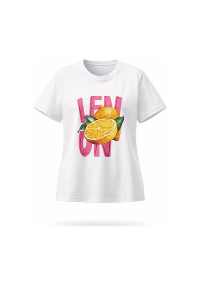 Kadın Beyaz Limon Baskılı Pamuk T-shirt Beyaz