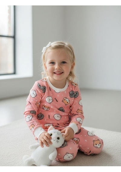 Kız Çocuk Kedi Baskılı Pamuklu Pijama Takımı-16832 Renkli