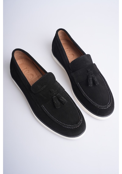 Fame Step Hakiki Deri Erkek Loafer Ayakkabı Süet Günlük Rahat Casual Mokasen Püsküllü Siena Siyah