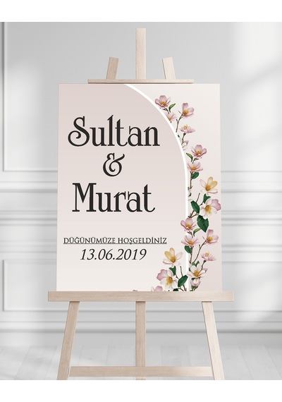 Söz Nişan Düğün İçin 50x70 Karşılama Panosu - Çiçek Tasarımlı 005 Beyaz
