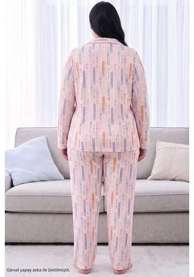 Siyah İnci Pembe Desenli Termal Kumaşlı Ultra Soft Yumuşak Büyük Beden Battal Boy Düğmeli Örme Pijama Takımı 26226536